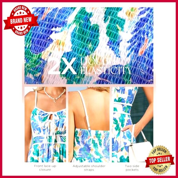 Summer Maxi Dress Floral Boho Tie Front Spaghetti Strap Sundress with Pockets - Picture 3 of 7